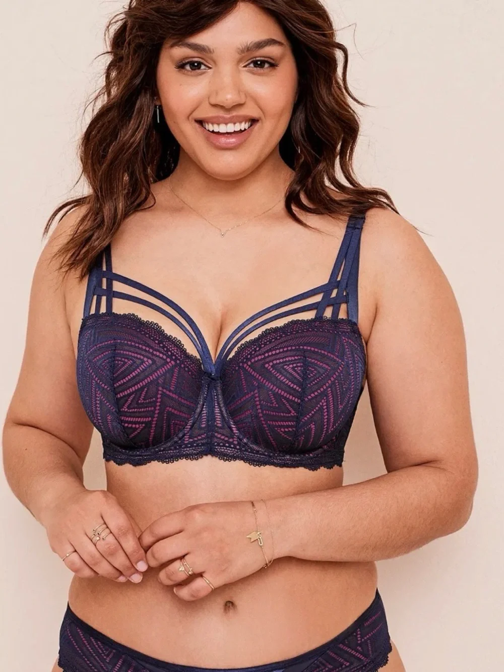 Adore Me 42G Underwire Lace Bra Navy Pink Strappy Plus Size NWT